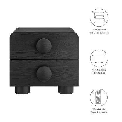 Black wood-grain two-drawer nightstand with round knobs, full-glide drawers and non-marking feet.