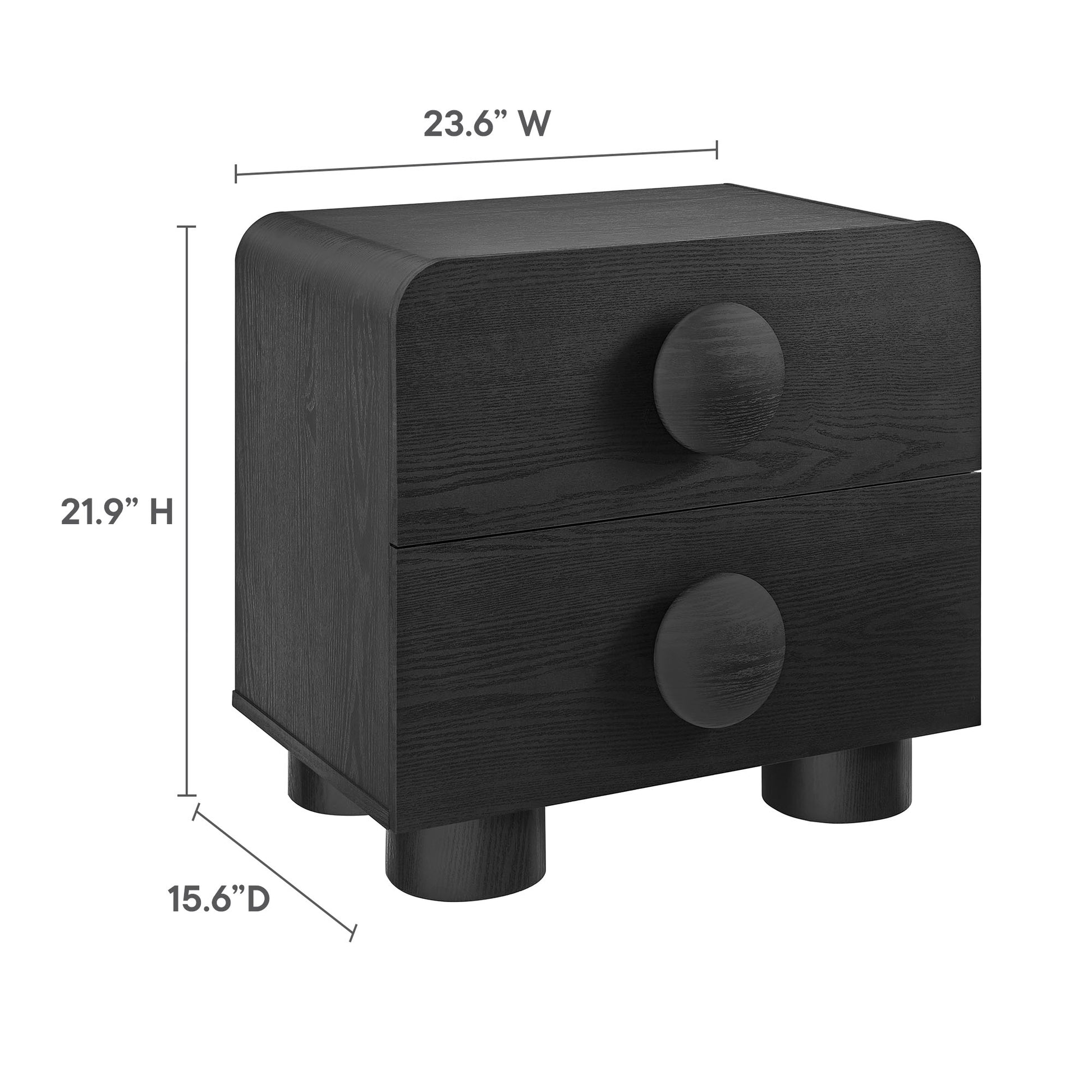 Black woodgrain two-drawer nightstand with rounded edges, round knobs and short cylindrical legs for bedside storage.