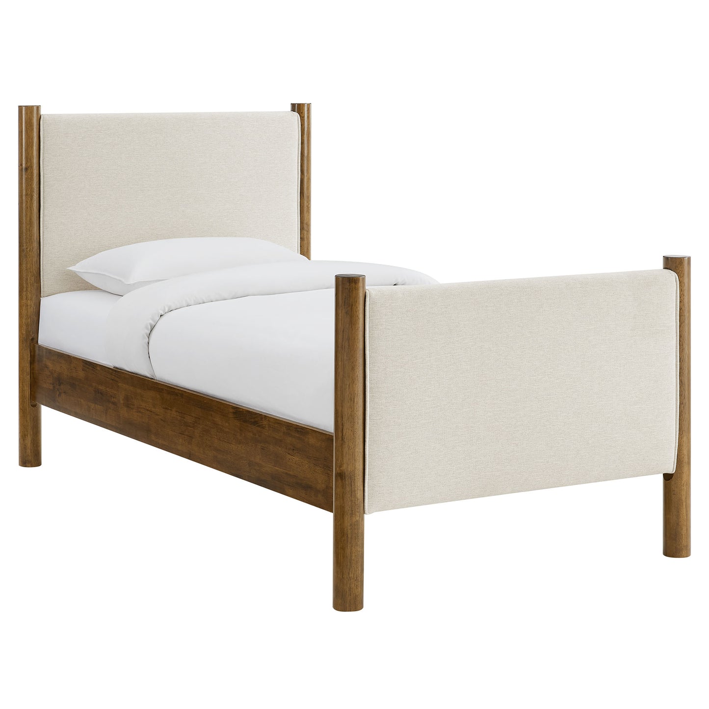 Ivory fabric upholstered twin-size platform bed with headboard and footboard.