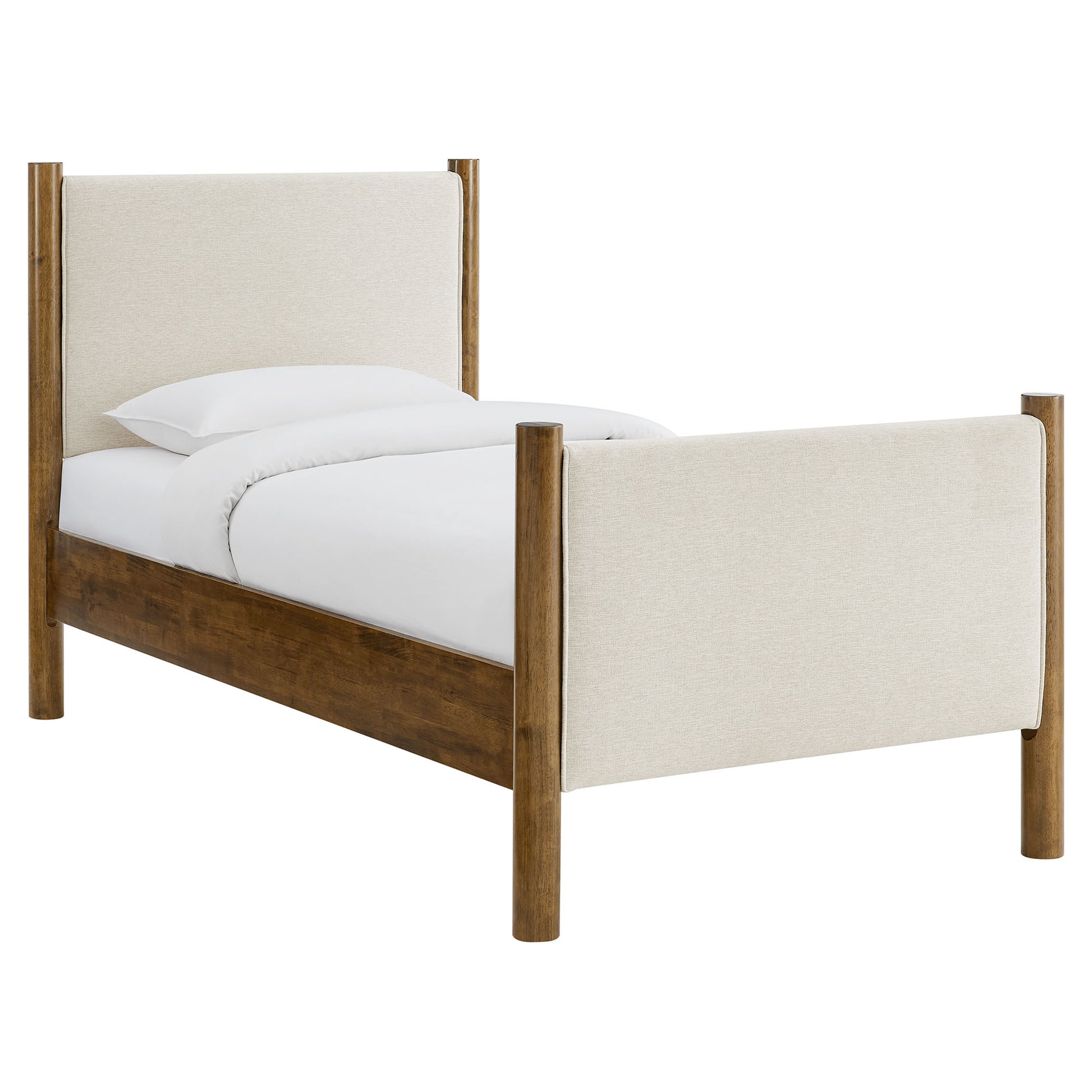 Ivory fabric upholstered twin-size platform bed with headboard and footboard.