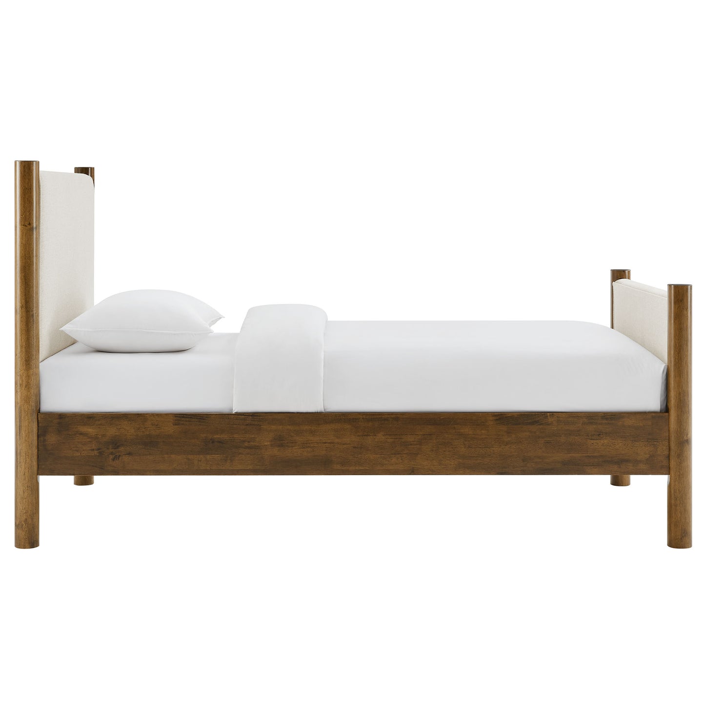 Ivory fabric-upholstered twin-size platform bed with white bedding.
