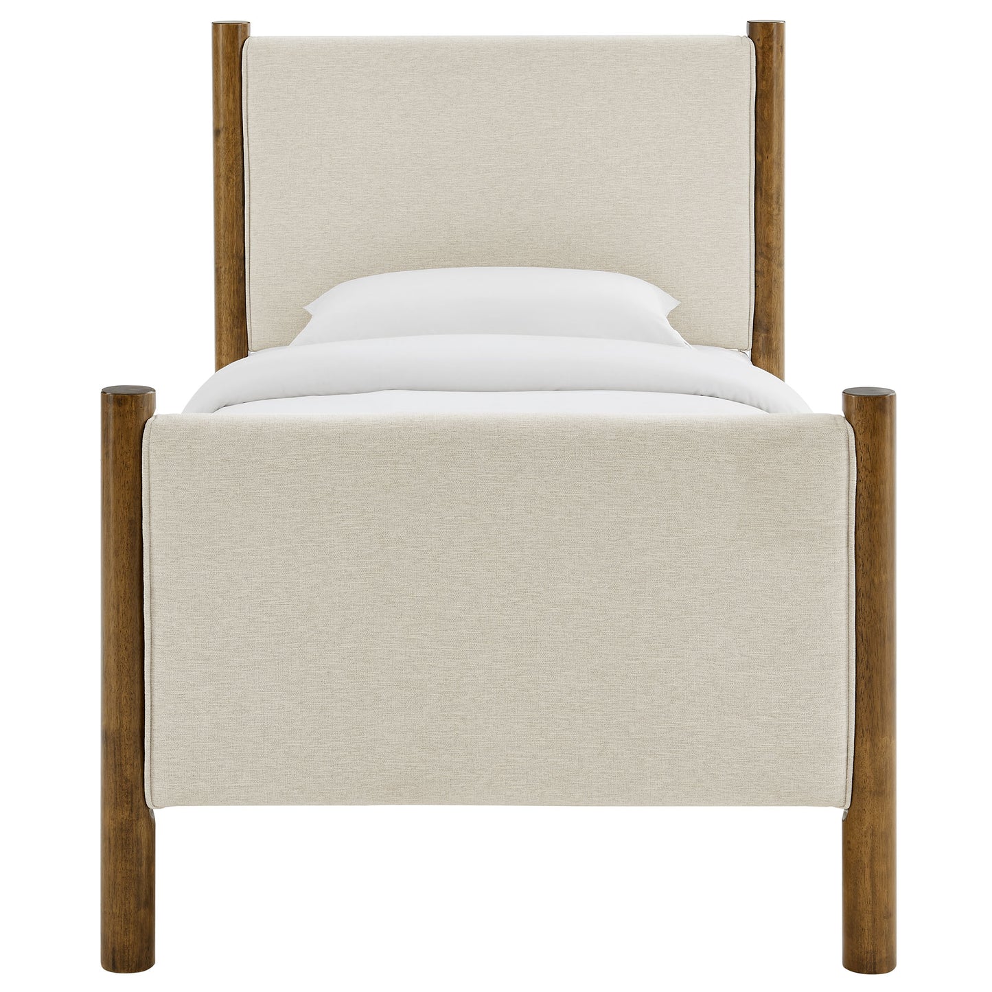 Beige fabric upholstered four-poster bed with walnut posts and white bedding.