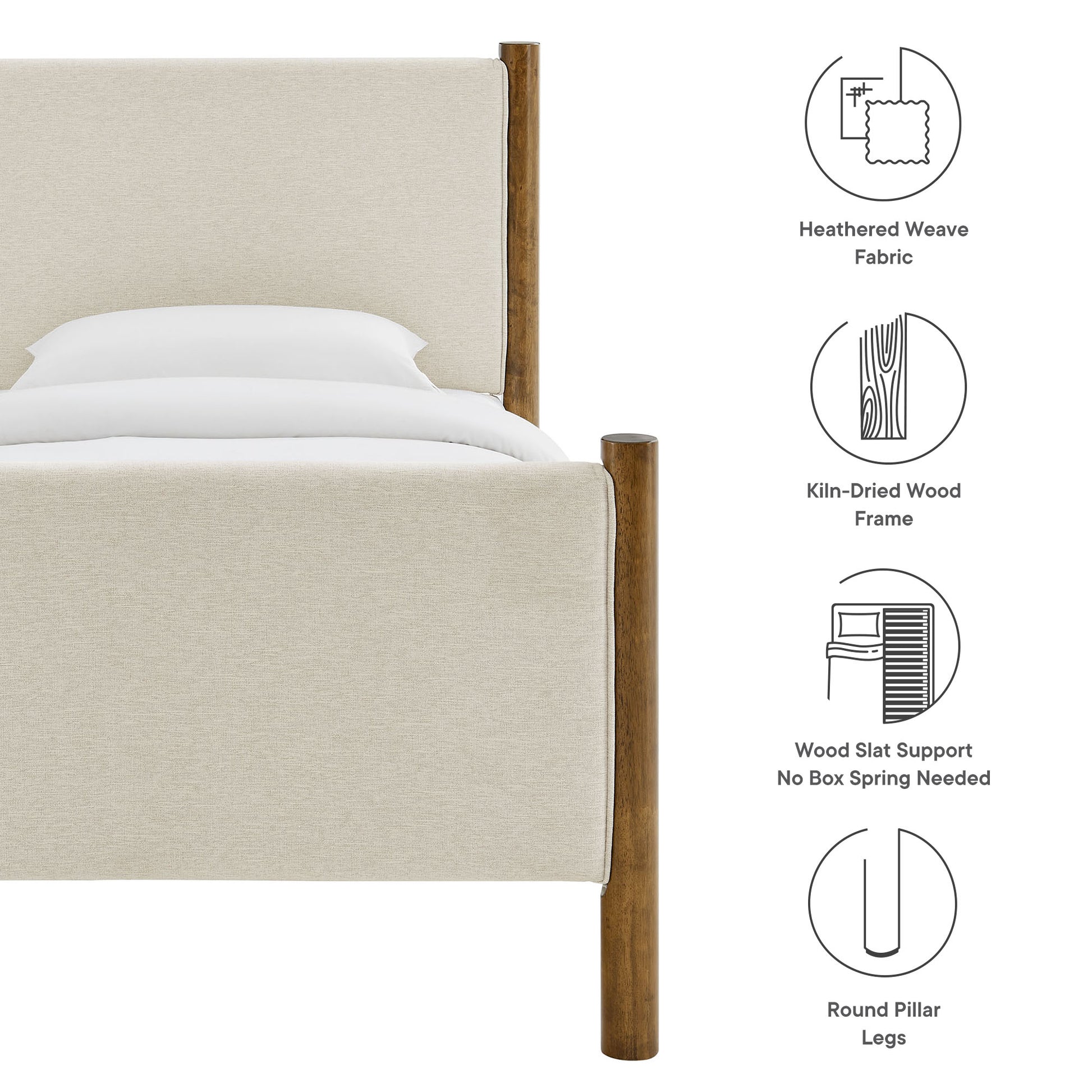 Beige upholstered bed with walnut round pillar legs and wood frame; heathered weave fabric & wood slat support.