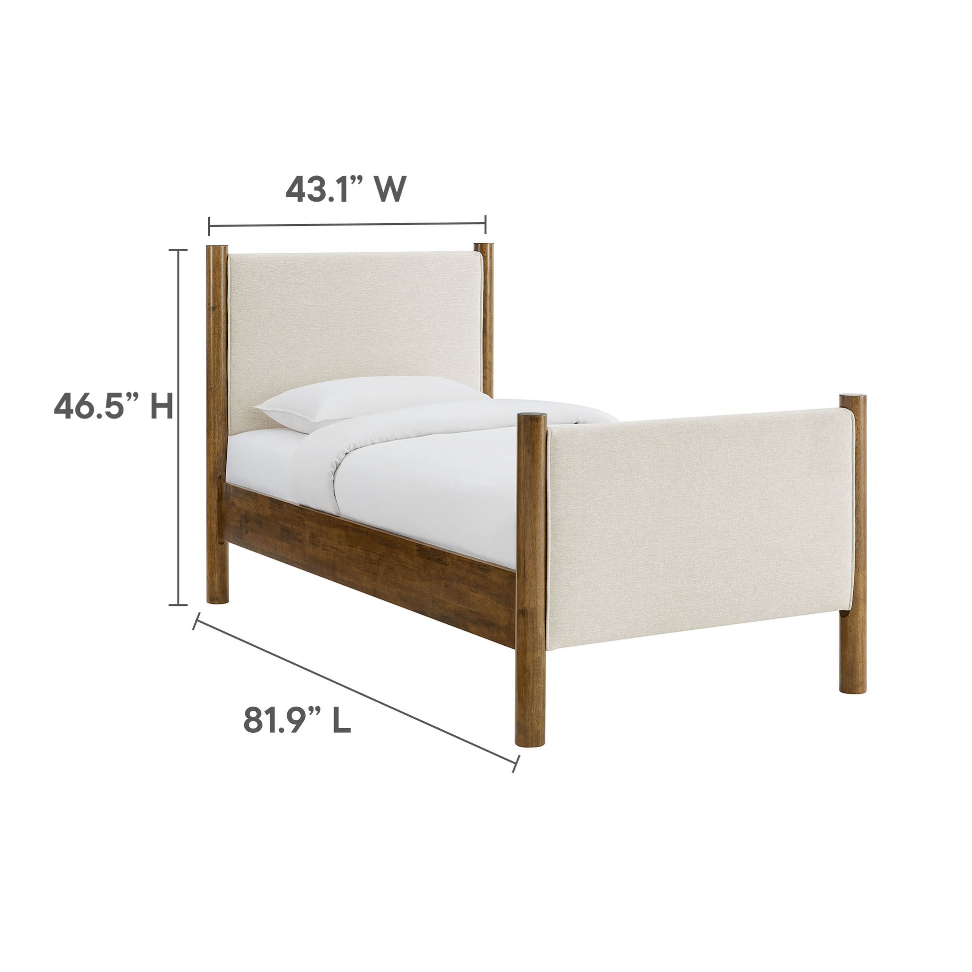 Twin bed with warm wood frame & beige upholstered headboard/footboard; modern rustic style for the bedroom.