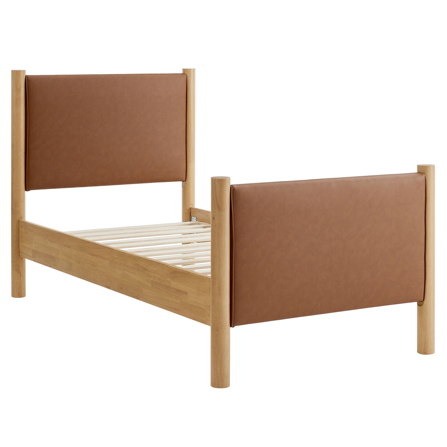 Twin size brown vegan leather upholstered platform bed with padded headboard and footboard, slatted base.