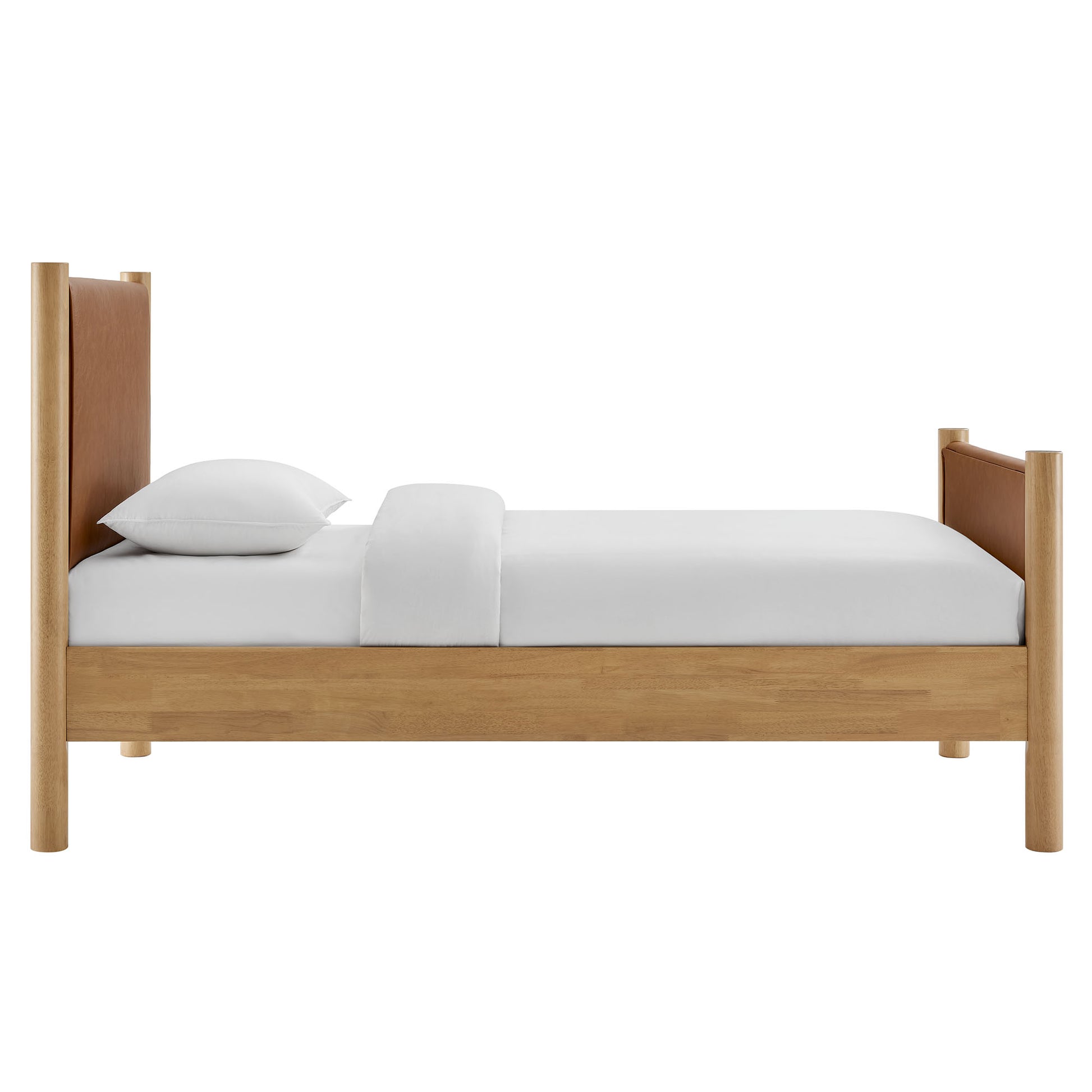 Platform bed in tan oak with brown upholstered headboard and footboard panels, white bedding.