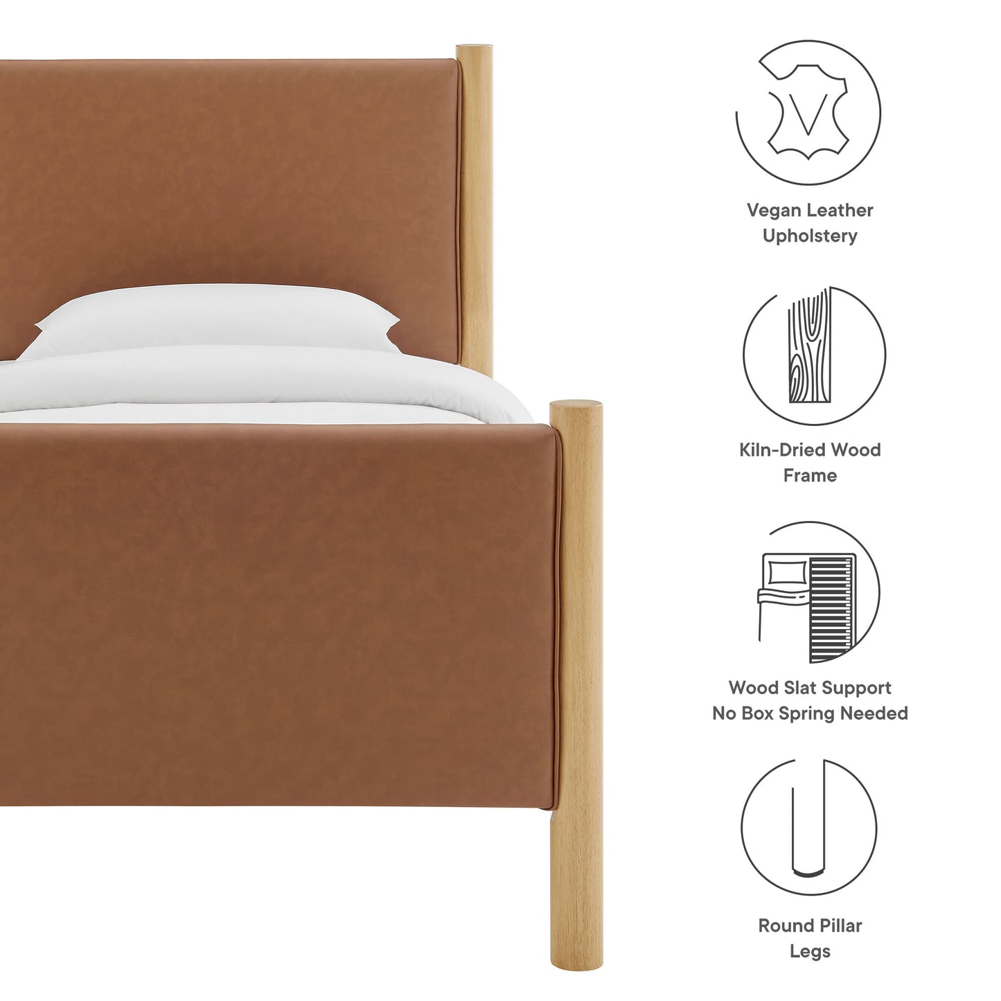 Tan vegan leather upholstered platform bed with kiln-dried oak frame, round pillar legs and slat support.