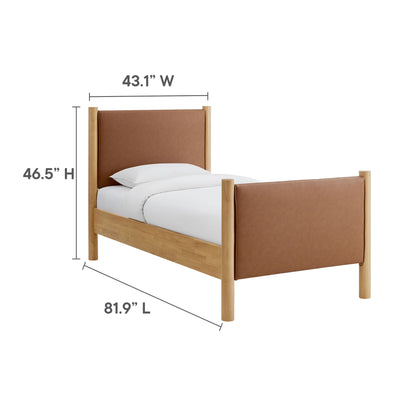 Twin-size platform bed with tan vegan leather upholstery and mid-century modern style.