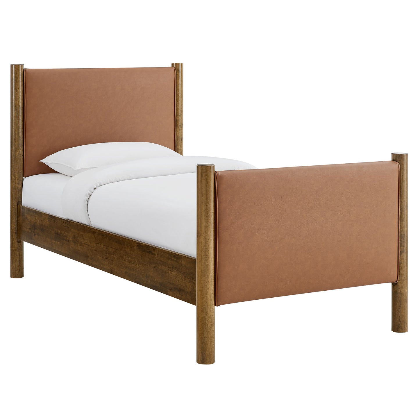 Brown vegan leather upholstered twin-size platform bed with a padded headboard and white bedding.