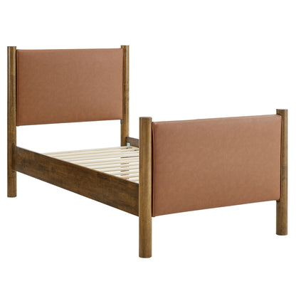 Twin size platform bed with walnut frame and tan vegan leather upholstered headboard and footboard.
