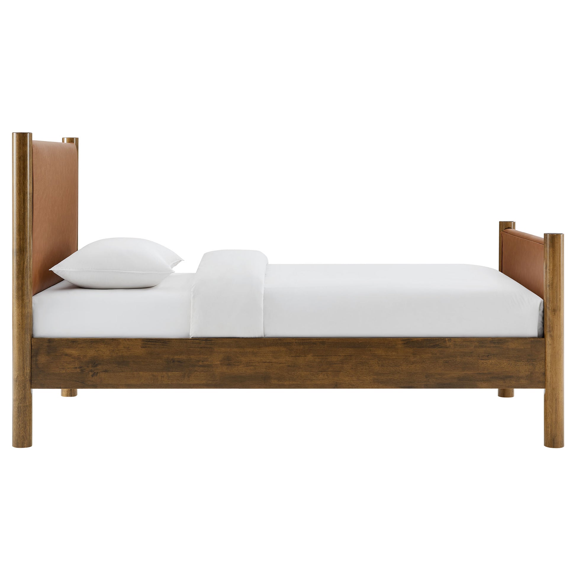 Solid wood platform bed with walnut frame and tan headboard & footboard, white bedding.