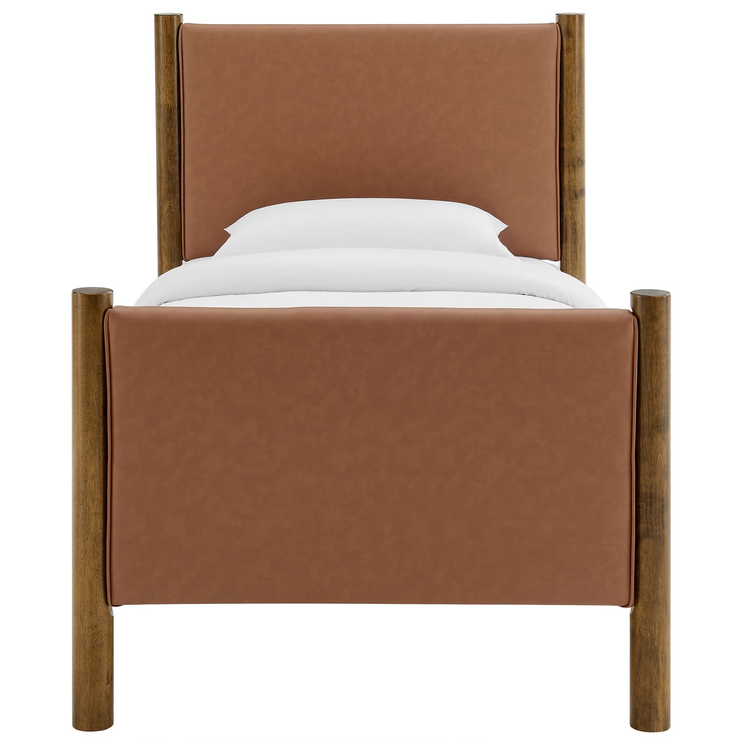 Tan leather upholstered bed with walnut-stained round wooden posts & rails, white pillows & duvet.
