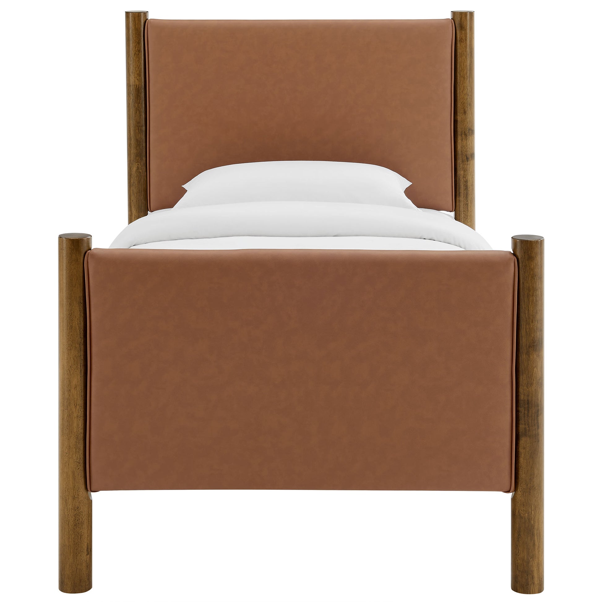 Tan leather upholstered bed with walnut-stained round wooden posts & rails, white pillows & duvet.