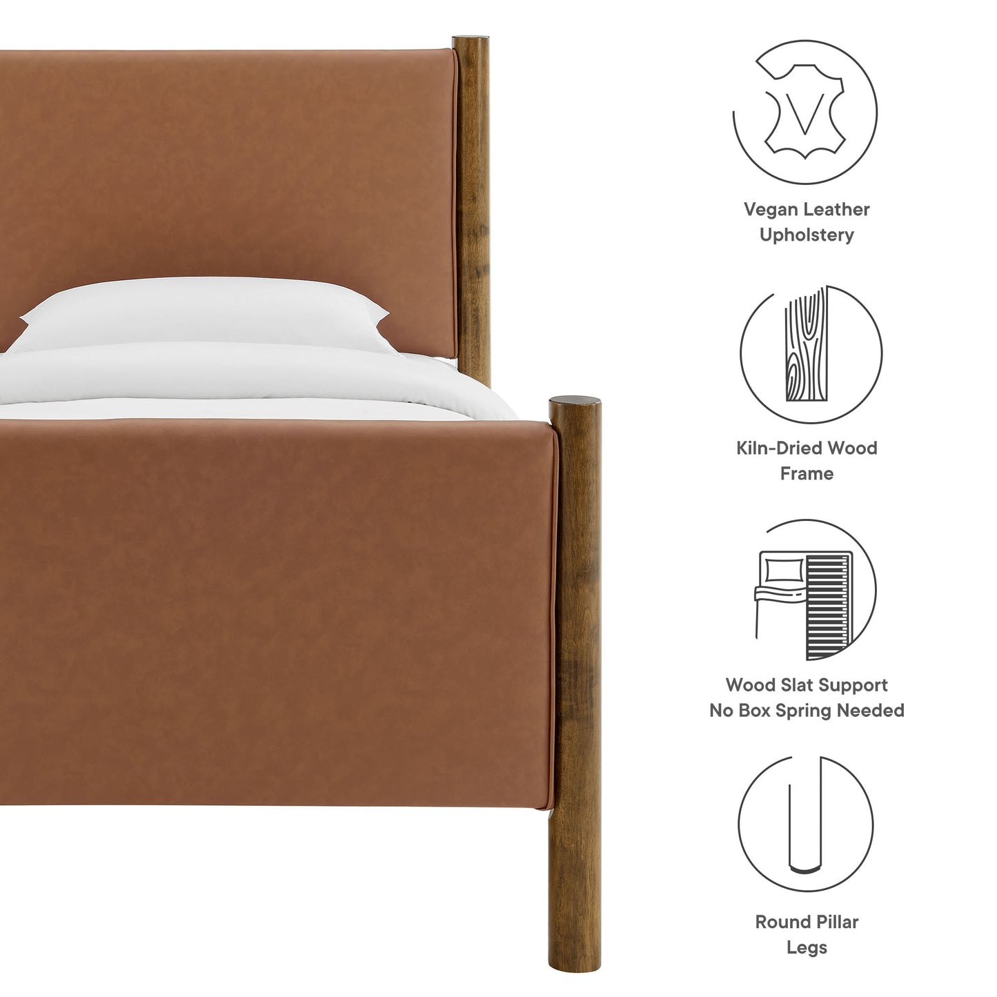Tan vegan leather upholstered bed with headboard and footboard, kiln-dried wood frame and round pillar legs.