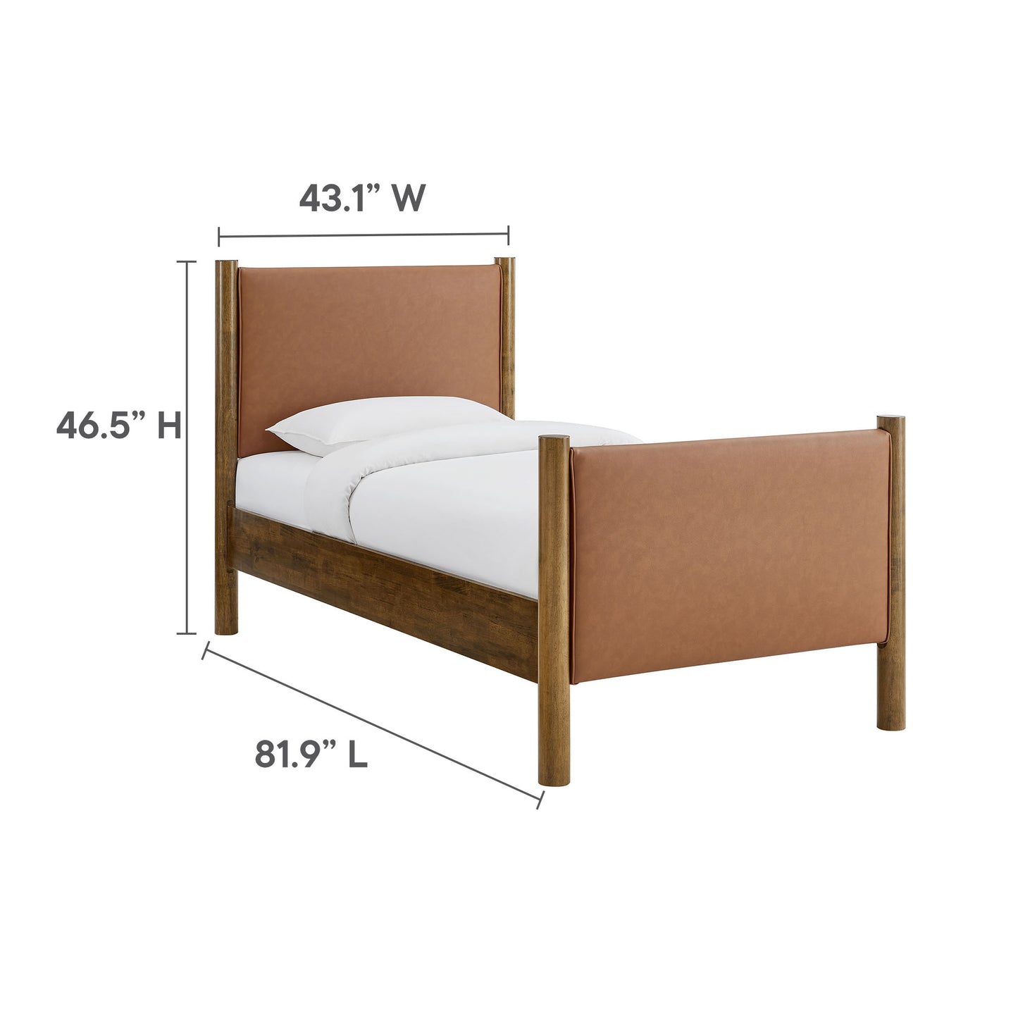 Maven bed frame with tan upholstered headboard and footboard, walnut wood posts, rustic modern style.
