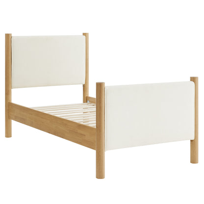 Ivory boucle upholstered twin-size platform bed with padded headboard and footboard and slatted base.