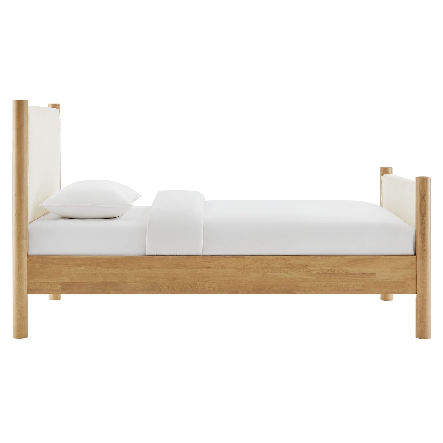 Ivory boucle upholstered twin-size platform bed; cylindrical corner posts, minimalist modern design, with white sheets, pillow and blanket shown.