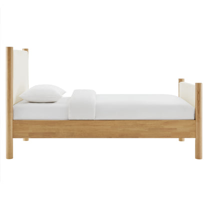 Ivory boucle upholstered twin-size platform bed; cylindrical corner posts, minimalist modern design, with white sheets, pillow and blanket shown.
