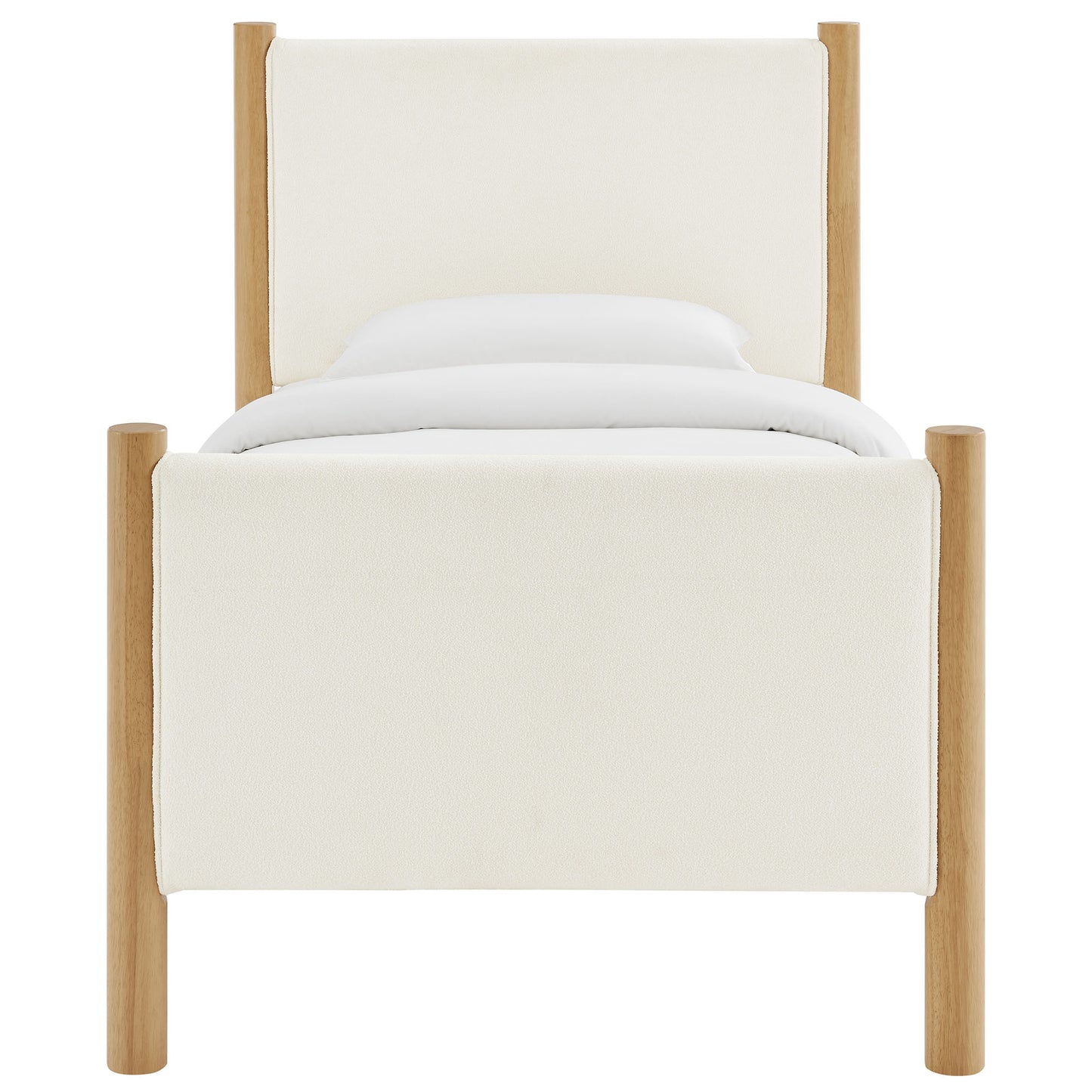 Cream upholstered bed with oak posts and rectangular headboard, minimalist modern style.