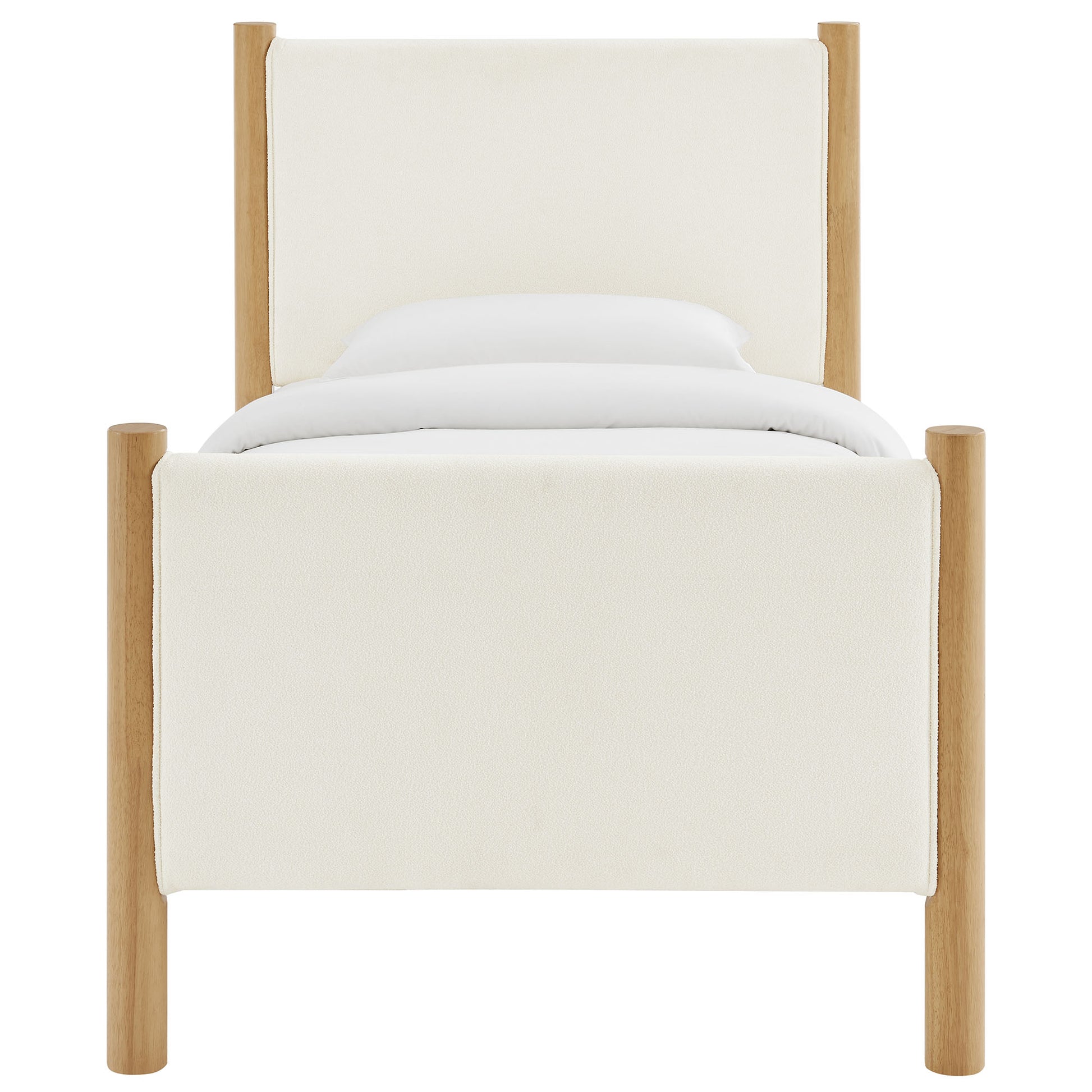 Cream upholstered bed with oak posts and rectangular headboard, minimalist modern style.