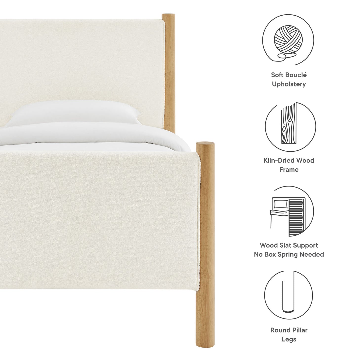 Modern upholstered platform bed in off-white bouclé, with kiln-dried oak round pillar legs and slat support.