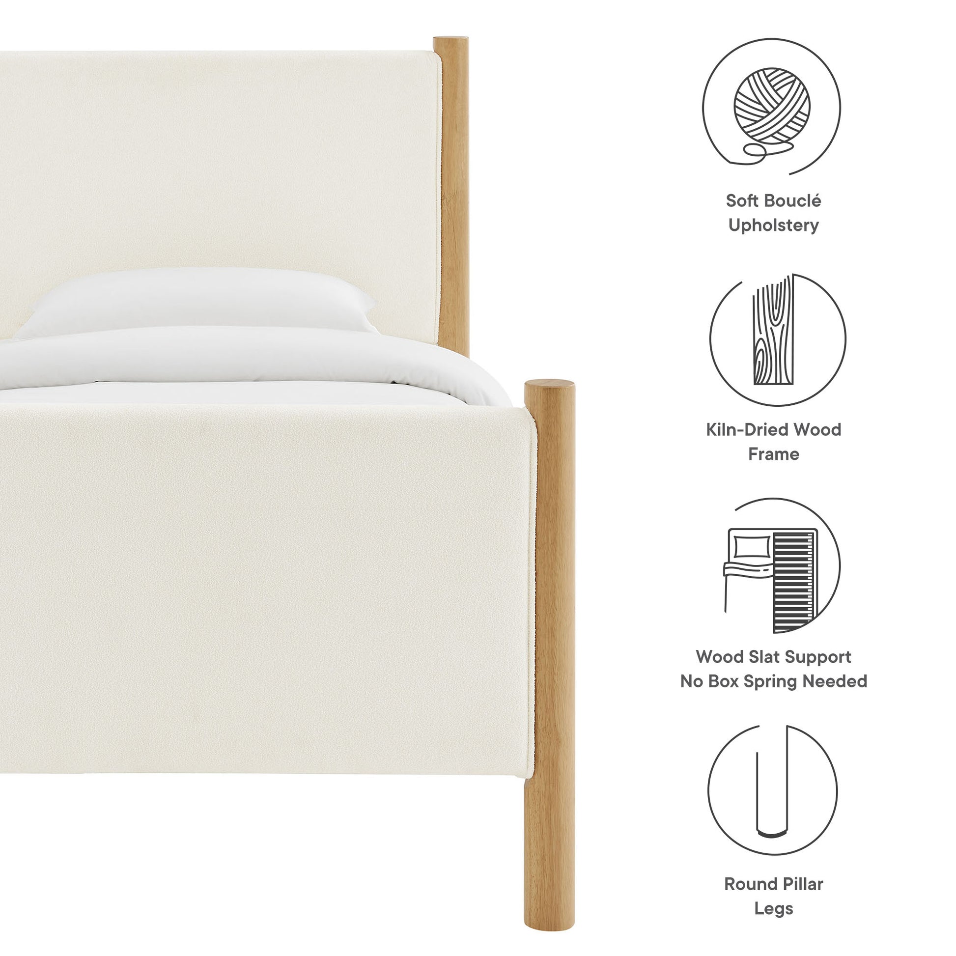 Modern upholstered platform bed in off-white bouclé, with kiln-dried oak round pillar legs and slat support.