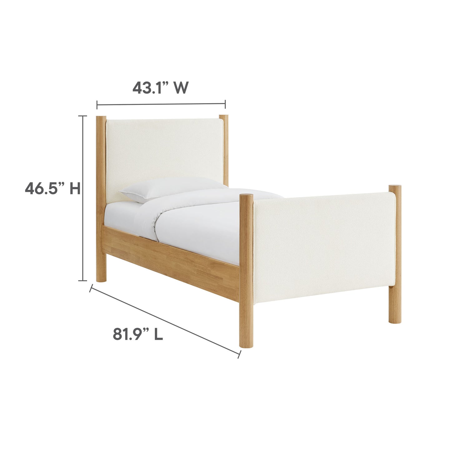 Ivory bouclé upholstered platform bed (twin size) with a clean, modern design.