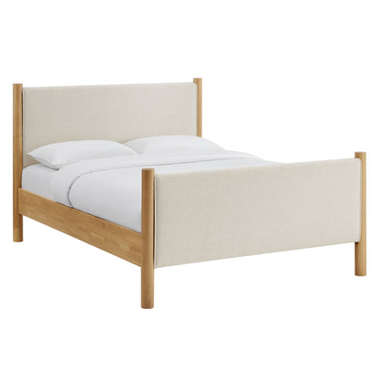 Ivory fabric upholstered platform bed with a clean, modern design and white bedding.