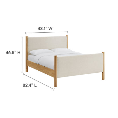 Full-size bed with natural oak frame and ivory upholstered headboard and footboard, modern rustic style.