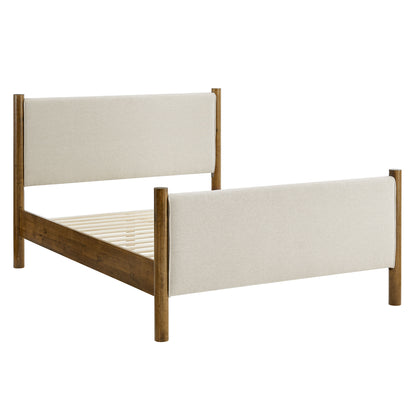 Walnut-finish wooden bed frame with beige upholstered headboard and footboard, slatted base.