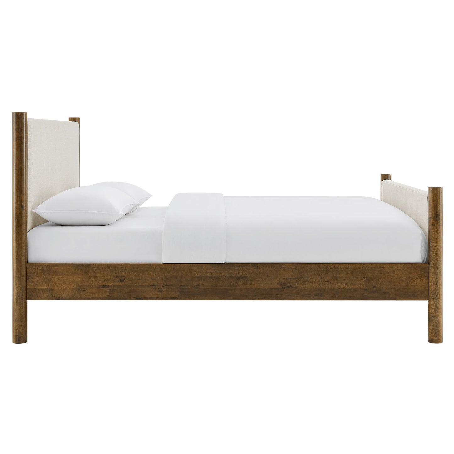 Ivory fabric upholstered full-size platform bed with padded headboard and footboard, white bedding.