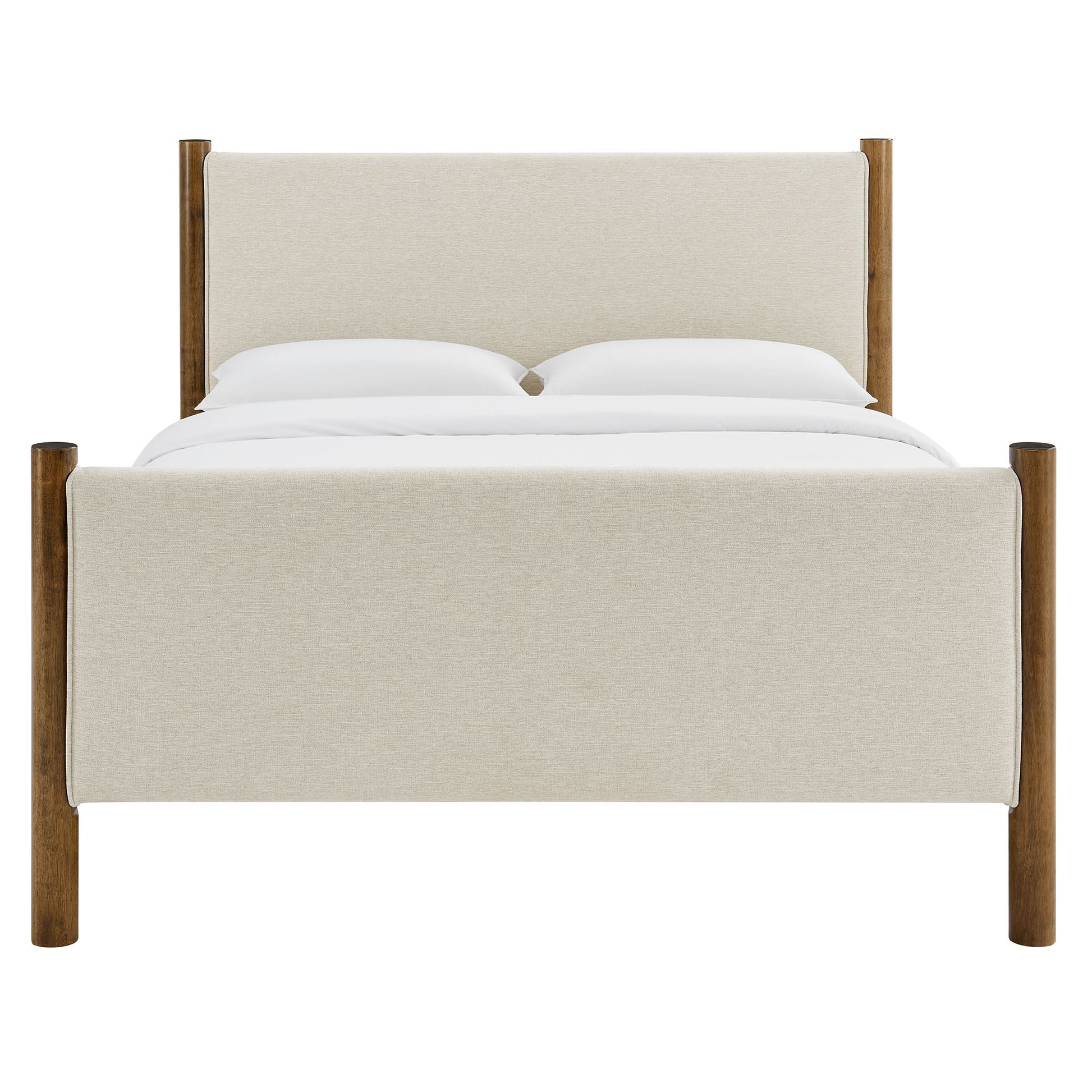 Beige upholstered platform bed with tall wooden posts and white bedding, minimalist contemporary style.