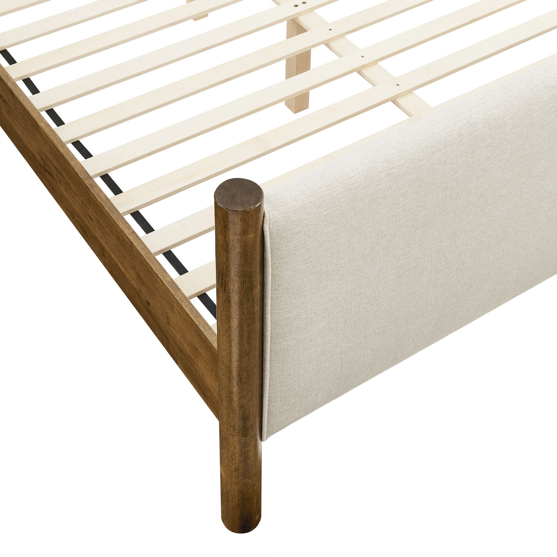 Walnut-finish wooden bed frame with slatted base and beige upholstered side panel.