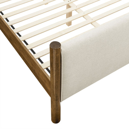 Walnut-finish wooden bed frame with slatted base and beige upholstered side panel.