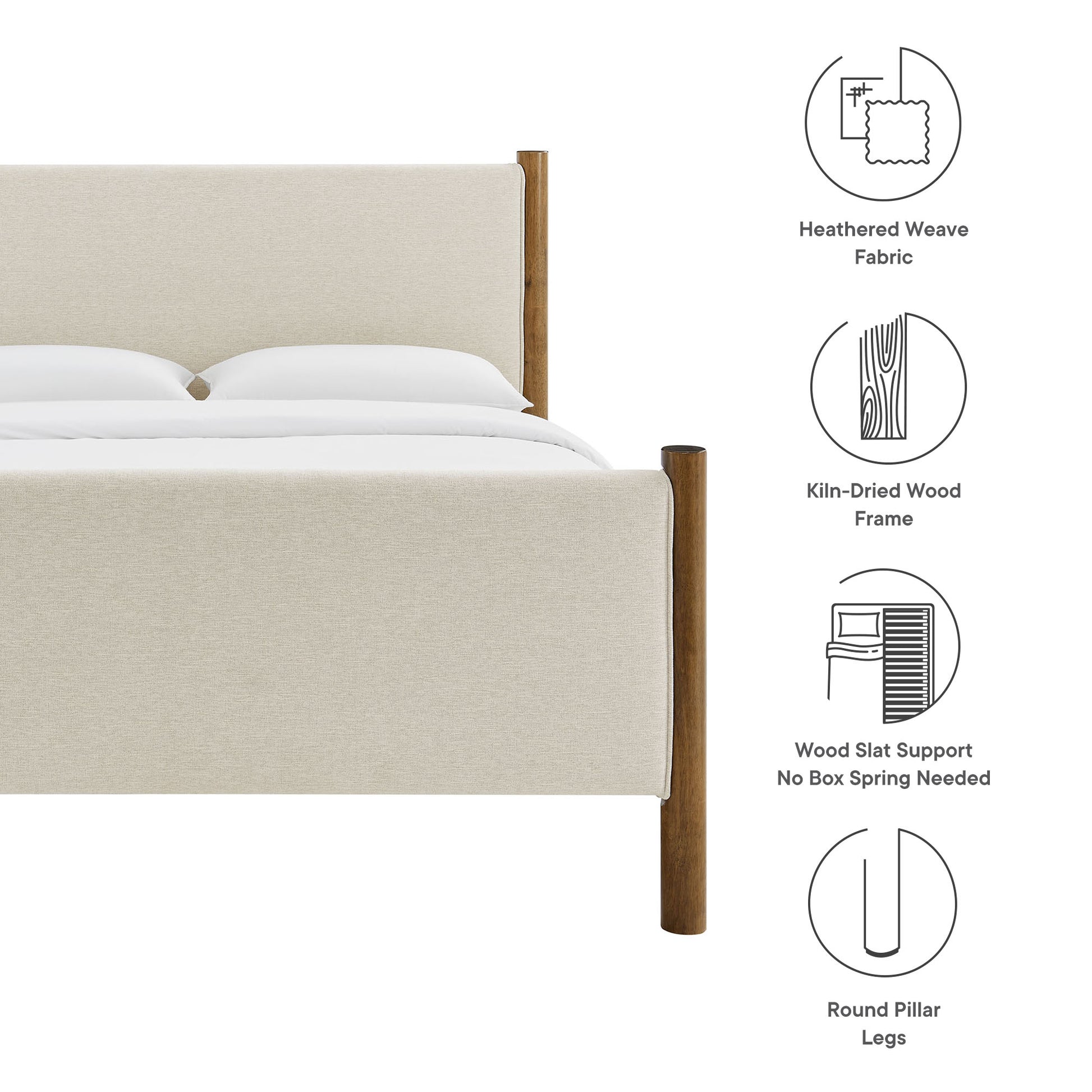 Ivory fabric upholstered platform bed with a cream headboard, kiln-dried wood frame and round pillar legs.