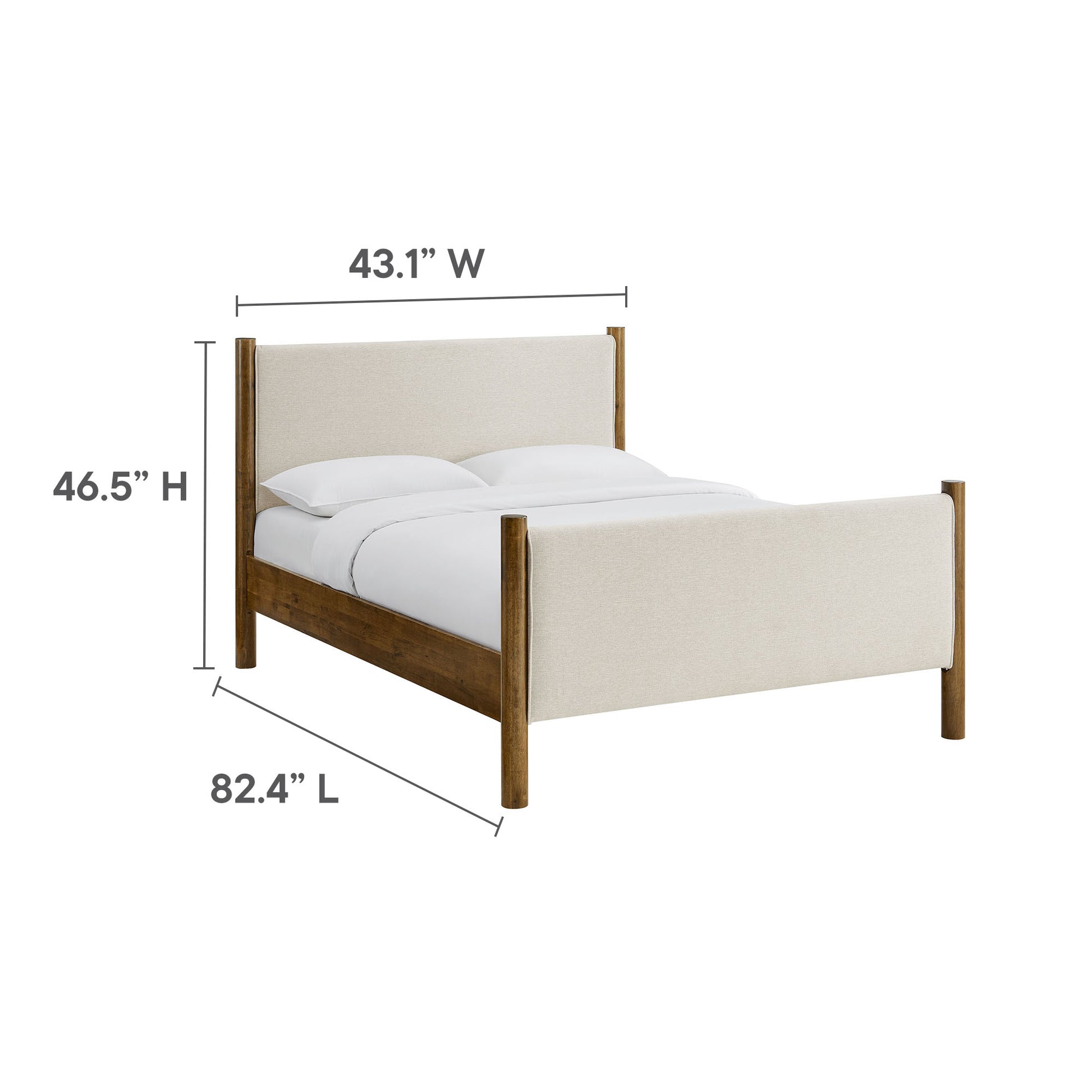 Ivory fabric upholstered platform bed with walnut posts and footboard, clean-lined headboard; 82.4L x 46.5H x 43.1W.