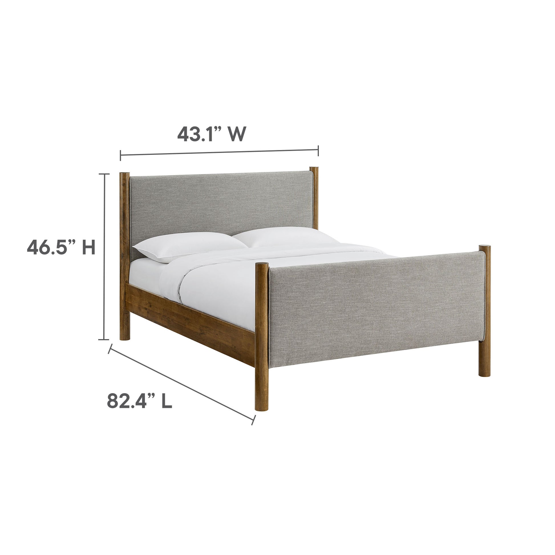 Queen-size walnut wood bed frame with gray upholstered headboard and footboard; modern rustic style.
