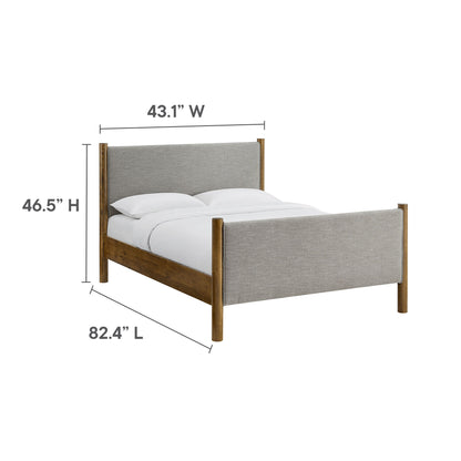 Queen-size walnut wood bed frame with gray upholstered headboard and footboard; modern rustic style.