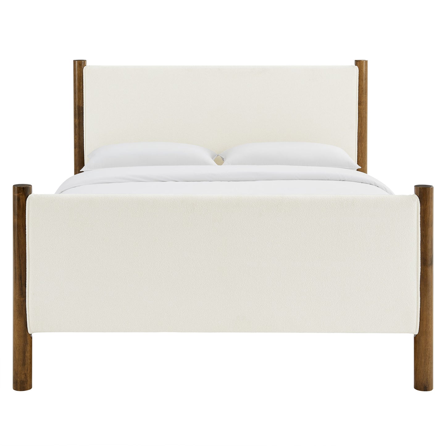 Cream fabric upholstered bed with white headboard and footboard, walnut wood posts.