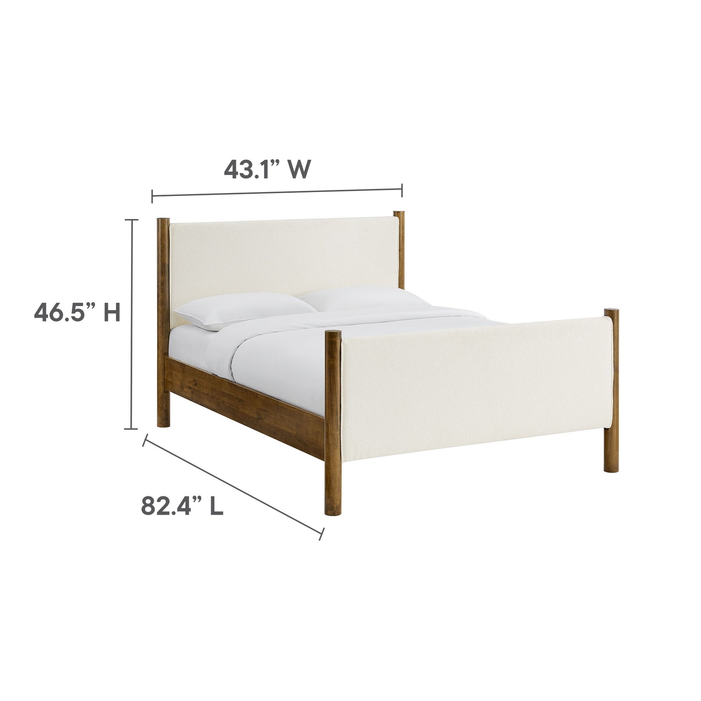 Ivory boucle upholstered platform bed with a tall headboard and wooden posts; 82.4 in L x 46.5 in H x 43.1 in W.