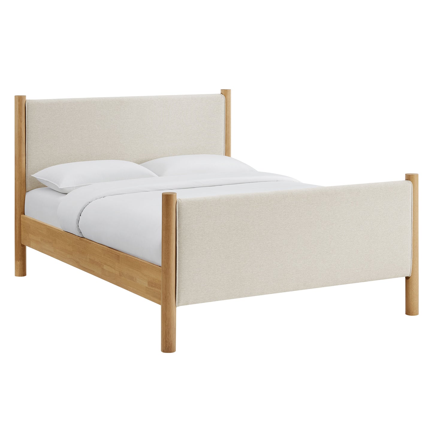 Ivory fabric upholstered platform bed with a padded headboard, queen size, minimalist design.