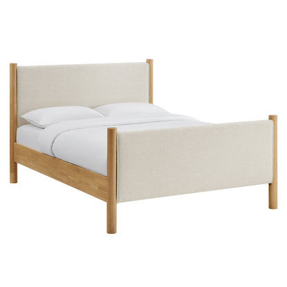 Ivory fabric upholstered platform bed with a padded headboard, queen size, minimalist design.