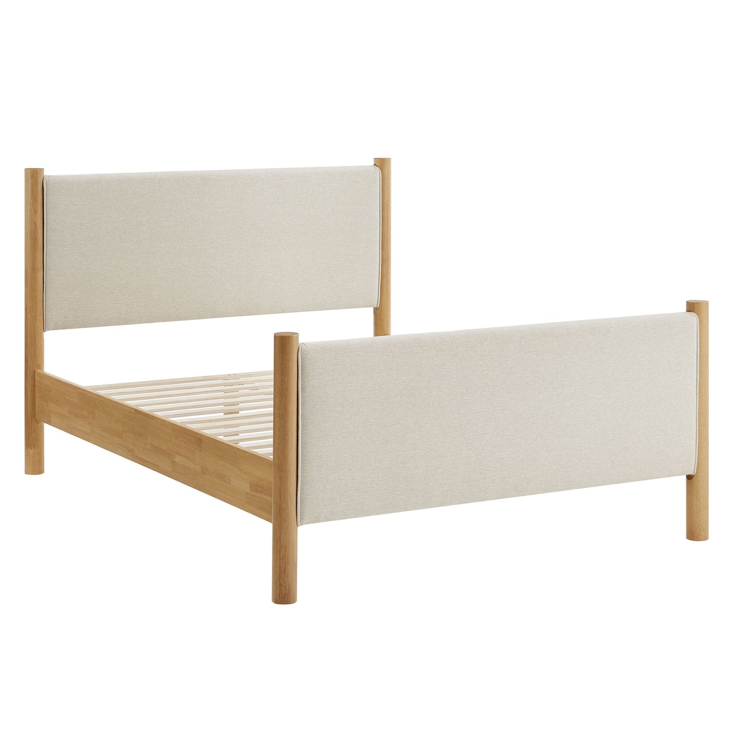 Queen size fabric-upholstered platform bed in ivory with a light oak finish; upholstered headboard and footboard; slatted base.