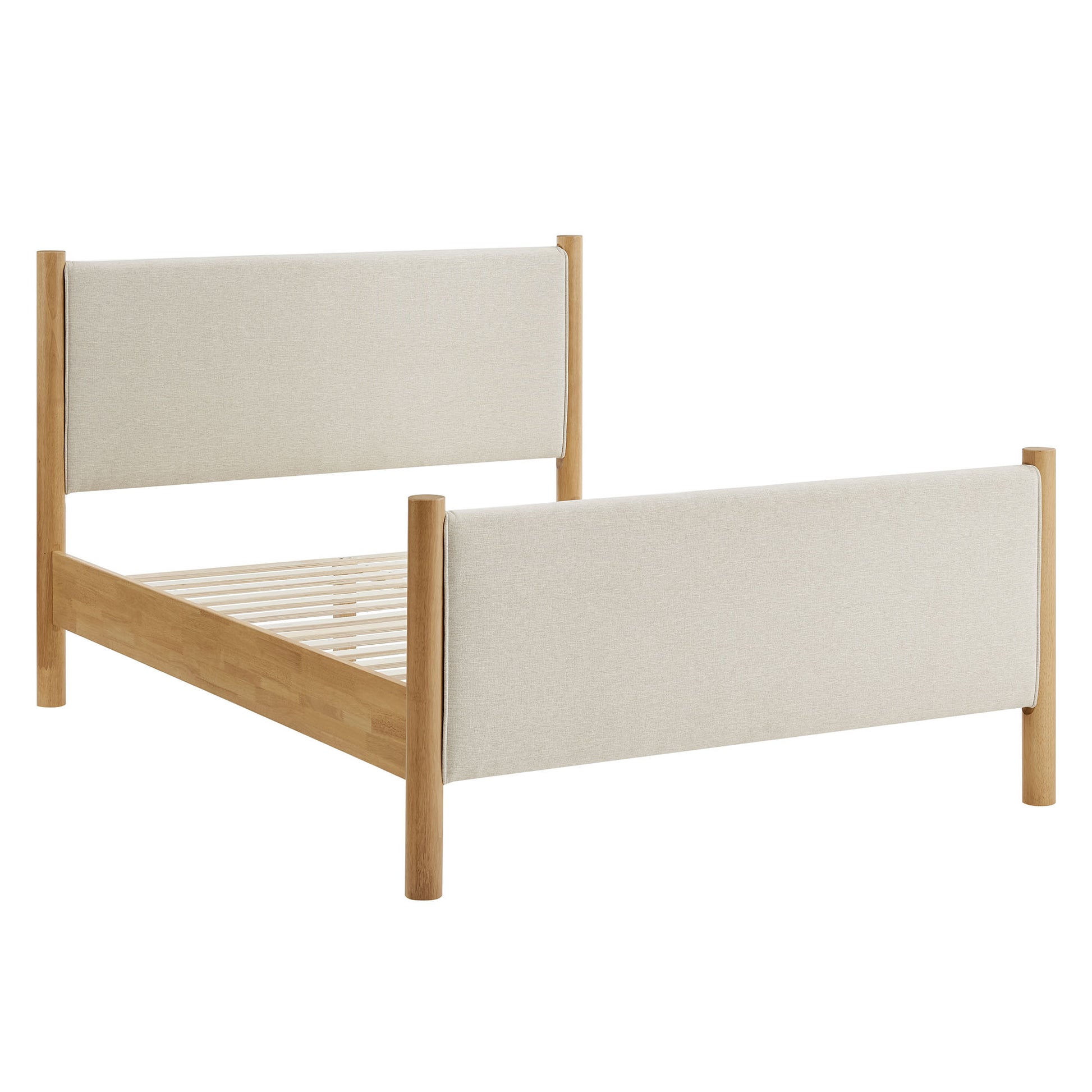 Queen size fabric-upholstered platform bed in ivory with a light oak finish; upholstered headboard and footboard; slatted base.