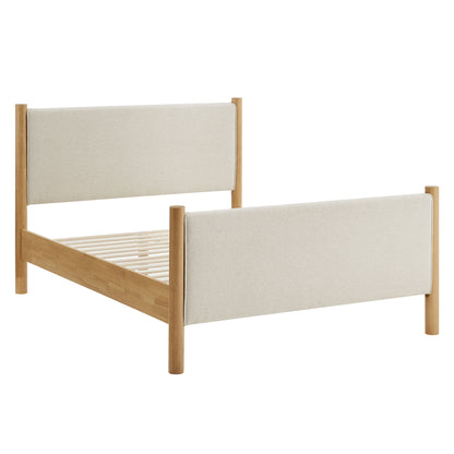 Queen size fabric-upholstered platform bed in ivory with a light oak finish; upholstered headboard and footboard; slatted base.