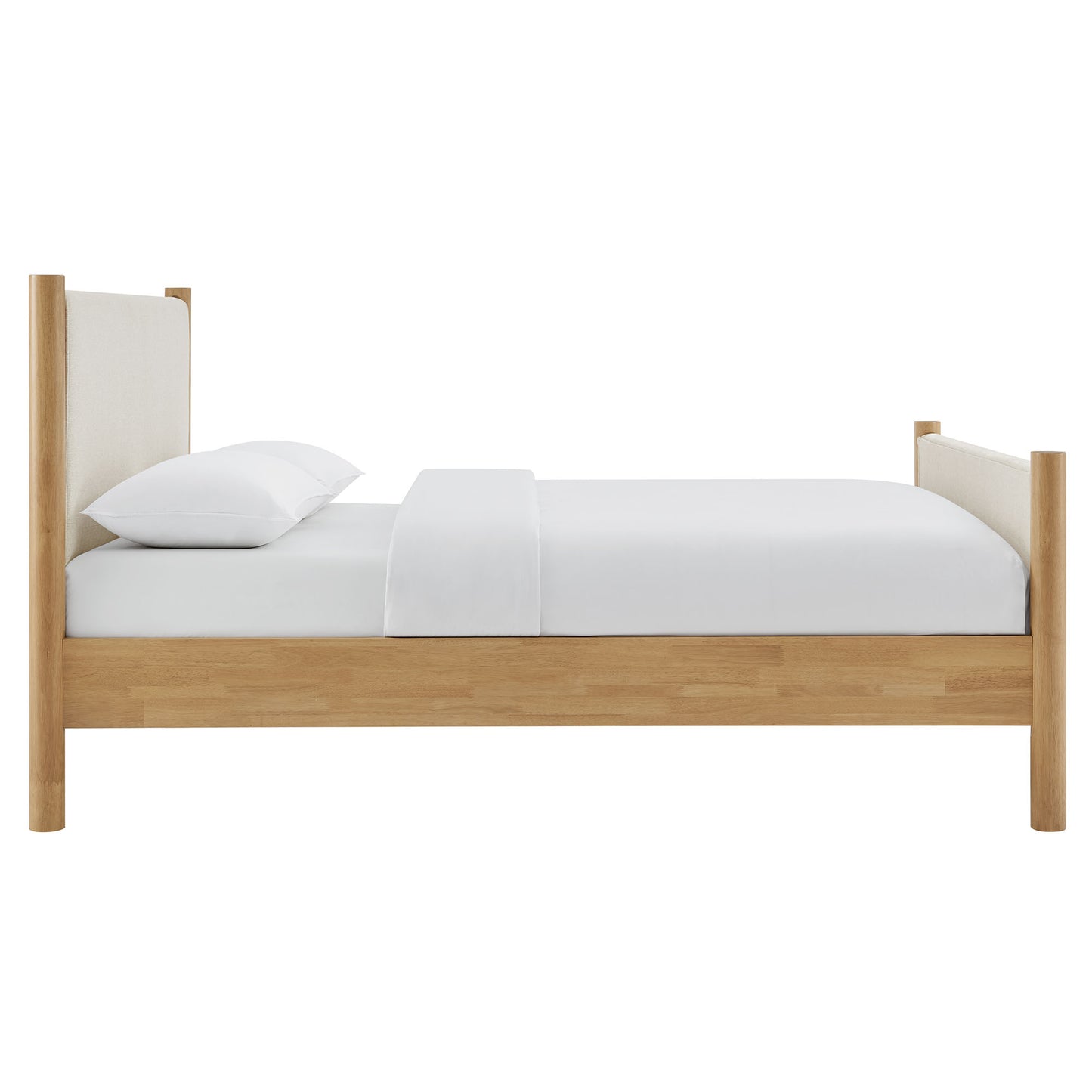 Queen size fabric-upholstered platform bed in ivory with a padded headboard and clean, minimalist design.