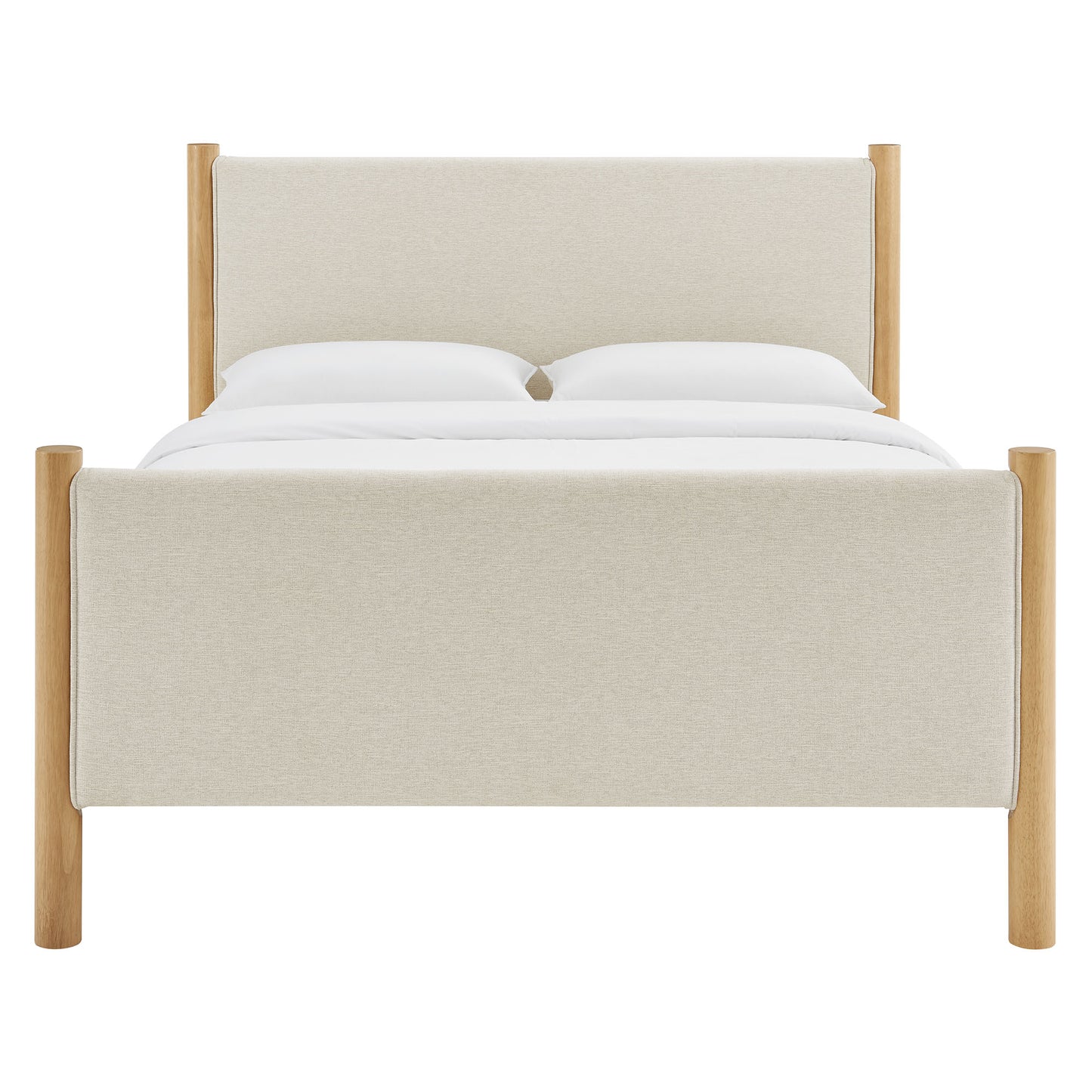 Beige upholstered bed with light oak posts; minimalist platform frame with cushioned headboard and footboard.
