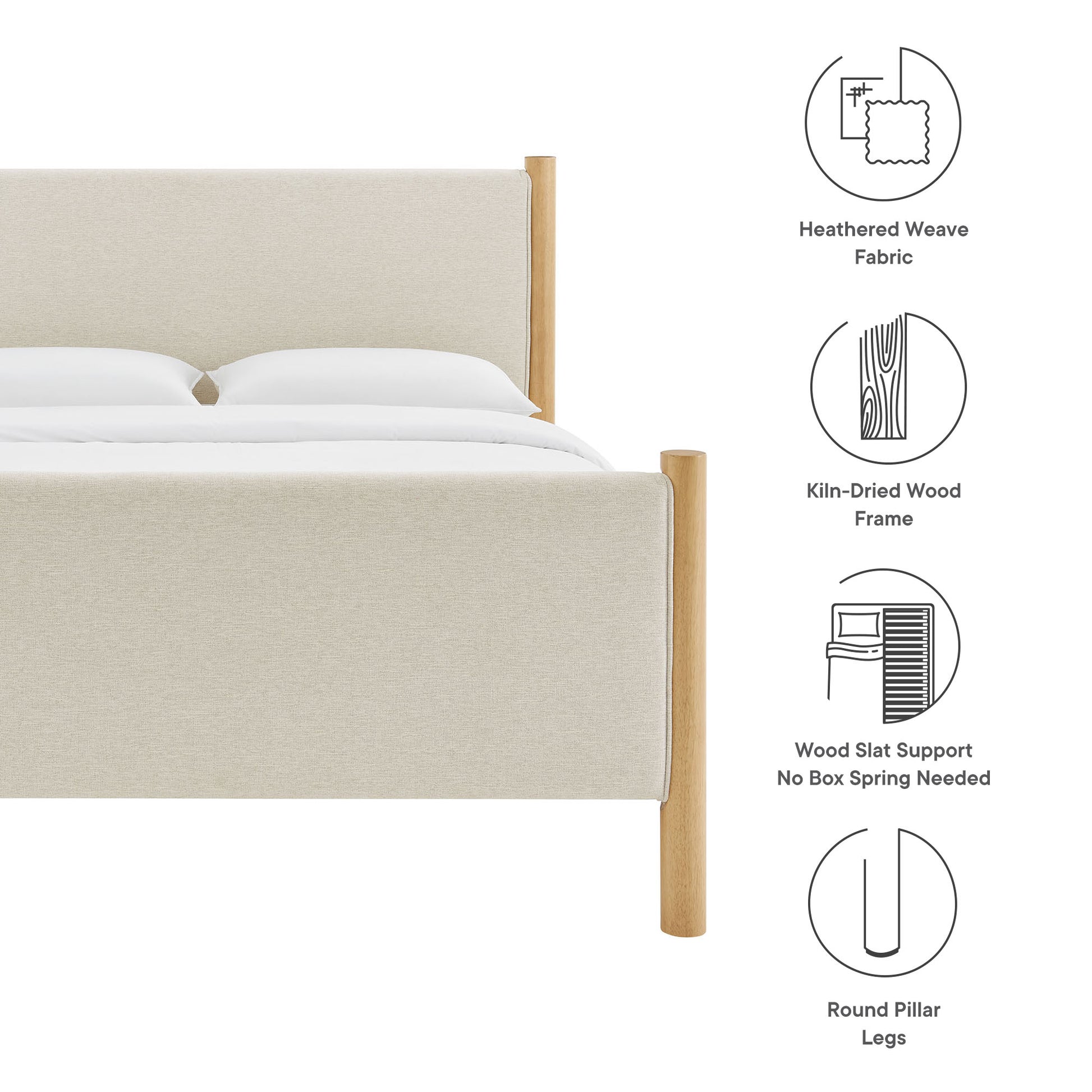 Beige upholstered bed with round oak pillar legs, kiln-dried wood frame, and slat support (no box spring needed).