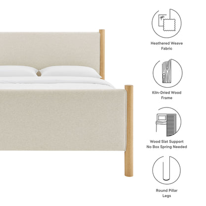 Beige upholstered bed with round oak pillar legs, kiln-dried wood frame, and slat support (no box spring needed).