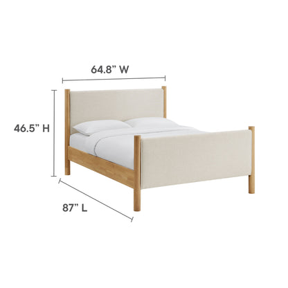 Ivory upholstered platform bed with light oak posts and frame; 64.8W x 87L x 46.5H, modern clean design.